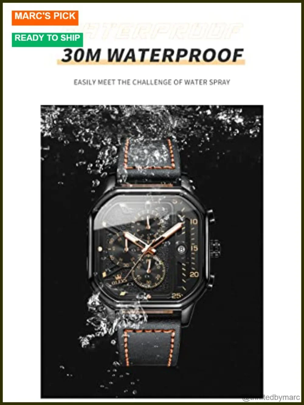 Square Chronograph Quartz Watch Luminous Waterproof Leather Strap Business